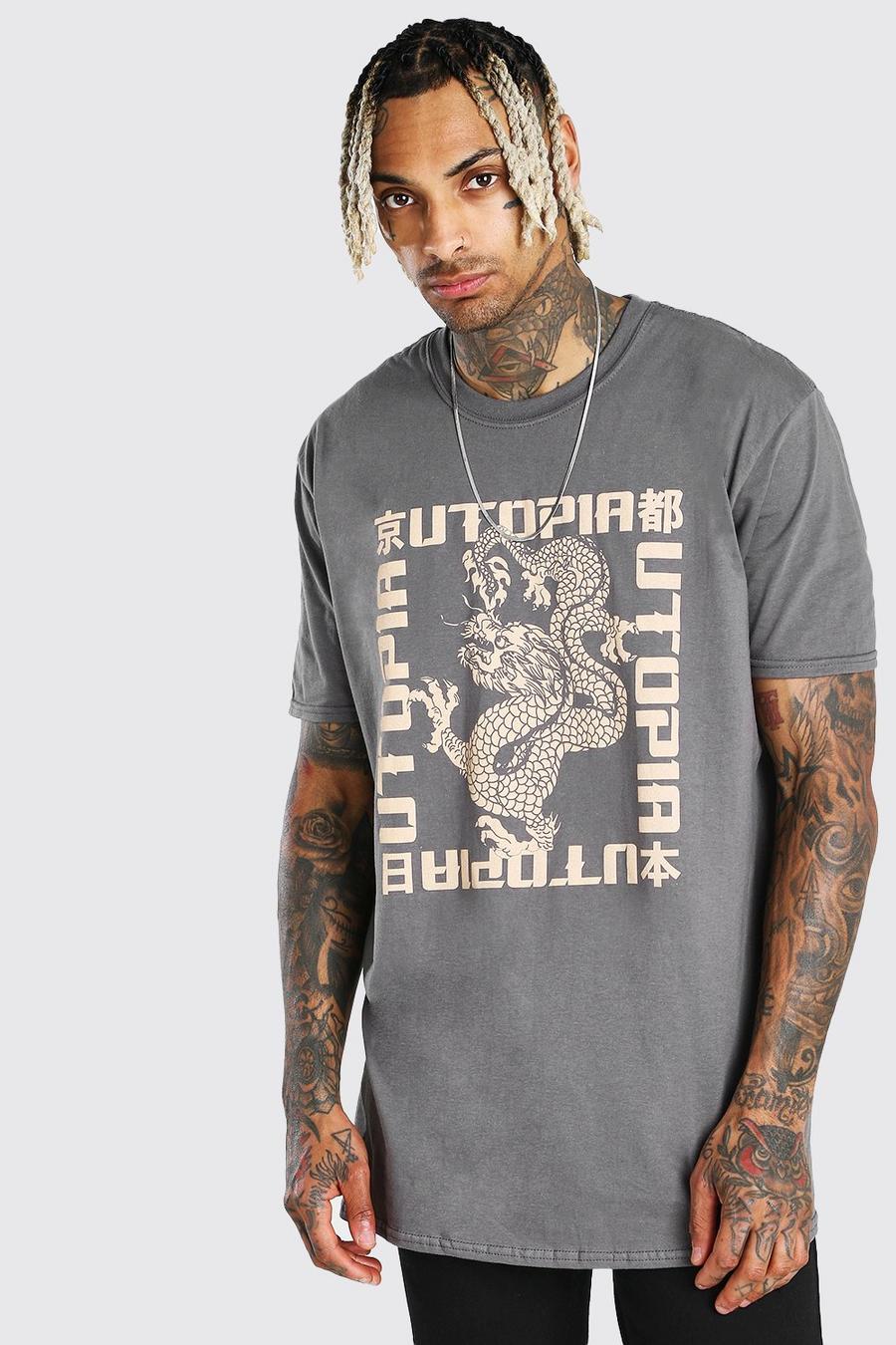 T-shirt oversize con stampa di drago e slogan Utopia, Canna di fucile image number 1