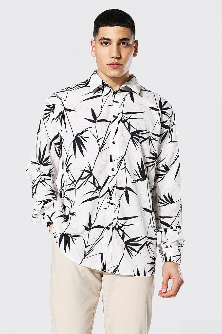 Langärmeliges Oversized Shirt mit Palmen-Print, Weiß image number 1