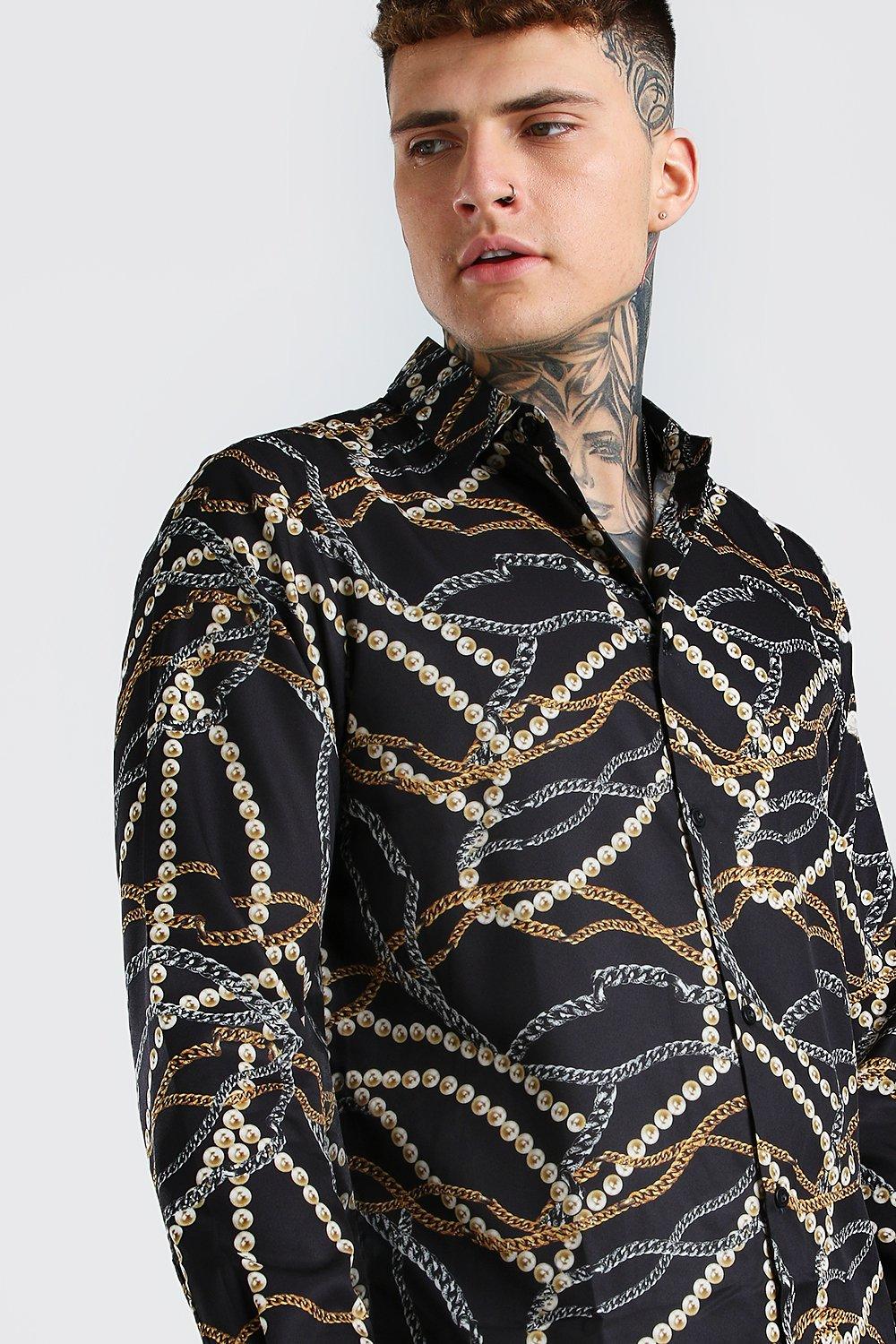 minusválido Fantasía bordado Camisa con manga larga y estampado de cadenas | boohoo