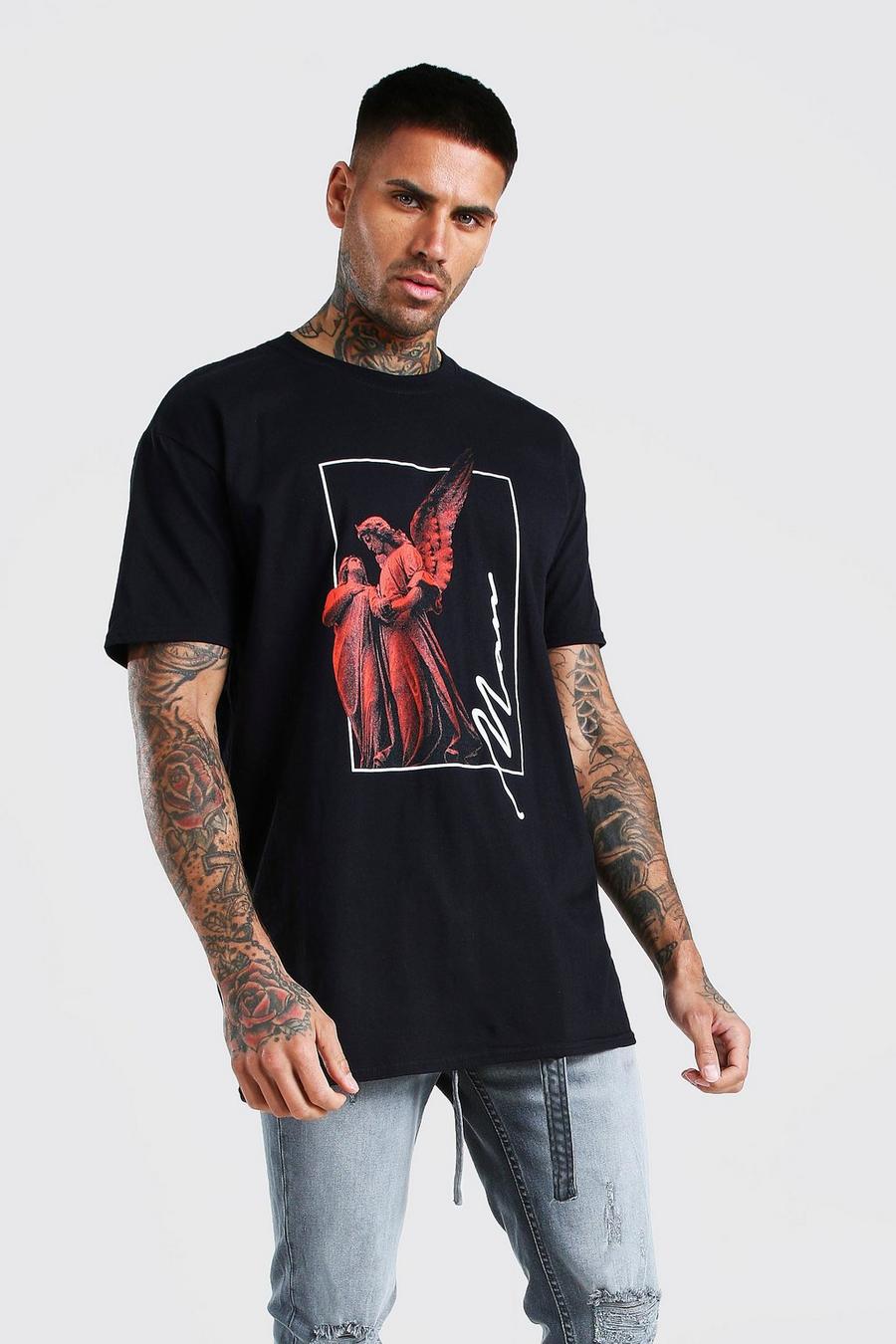 Zwart Oversized MAN t-shirt met print van standbeeld image number 1