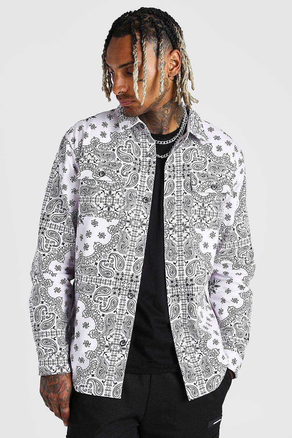 boohoo☆MAN ALL OVER LARGE SCALE バンダナ チェック シャツ Long Sleeve Bandana Print Shirt | boohoo NZ
