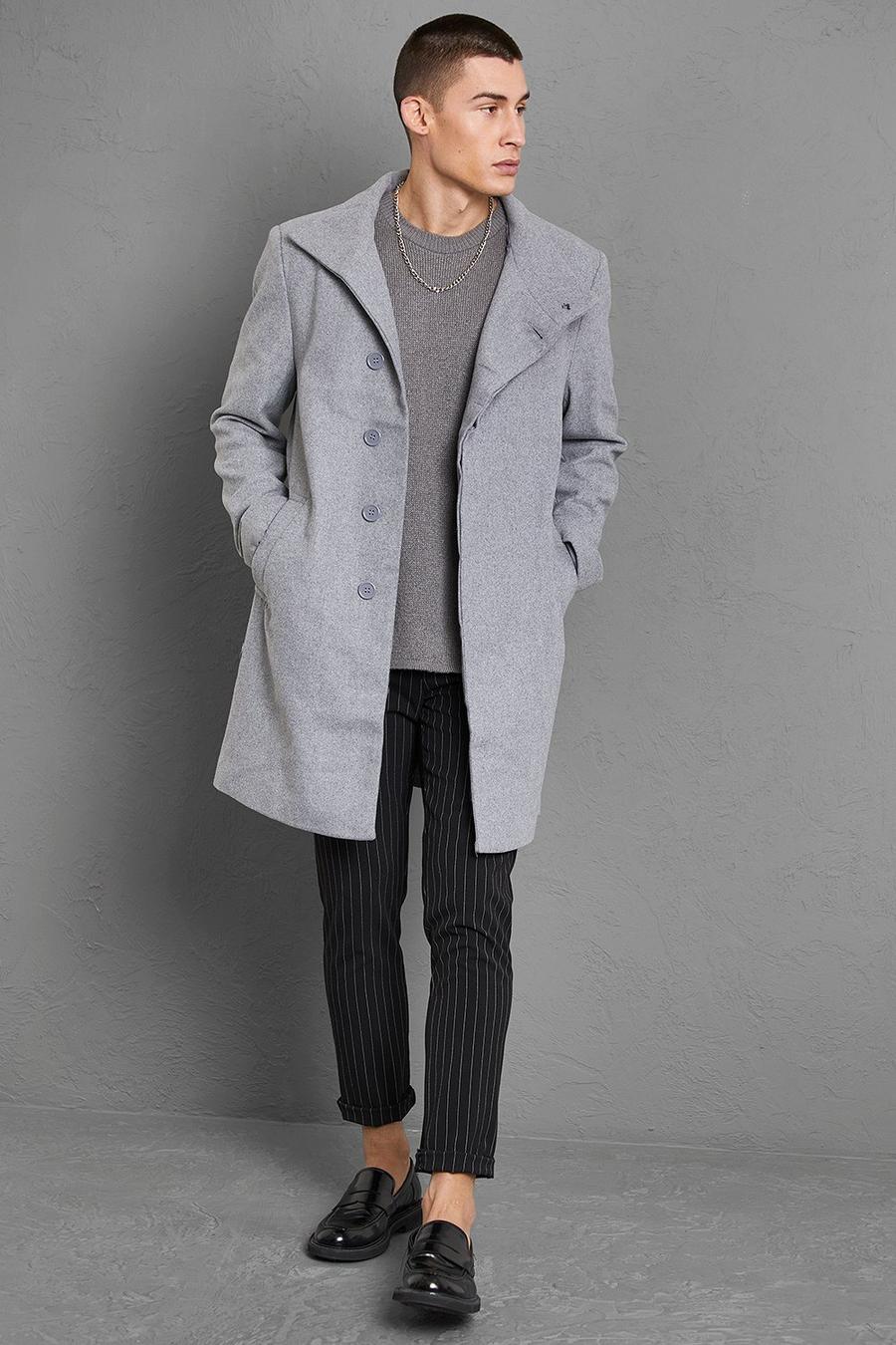 Grey Funnel Neck Wool Look Overcoat image number 1
