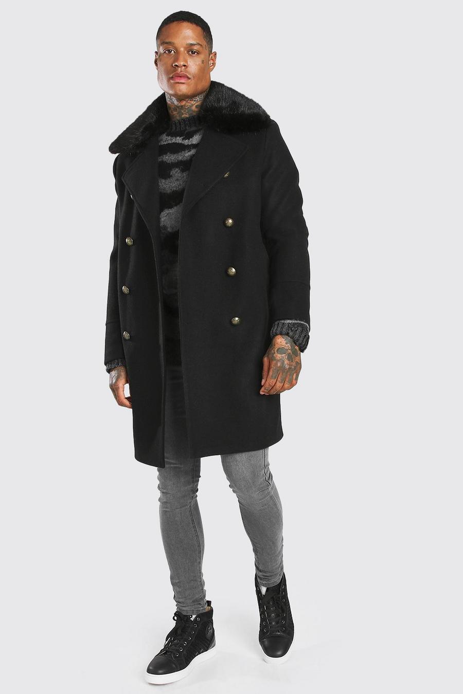 Black Faux Fur Collar Military Style Overcoat image number 1