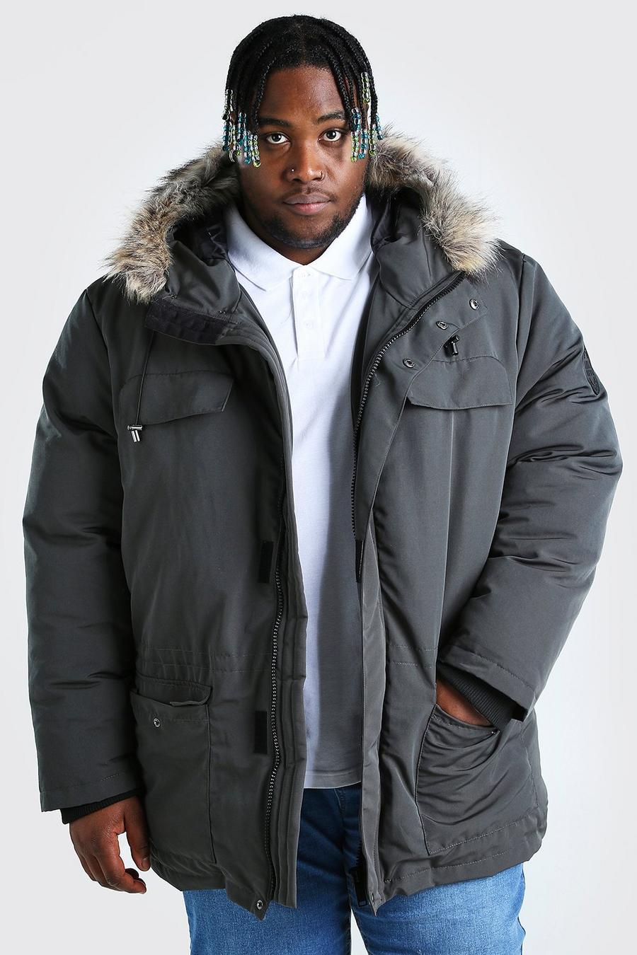 Charcoal Plus Size Faux Fur Hooded Arctic Parka image number 1