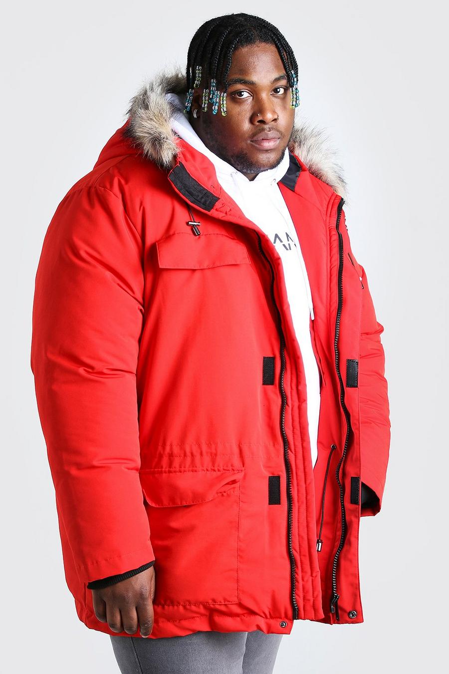 Red Plus Size Faux Fur Hooded Arctic Parka image number 1