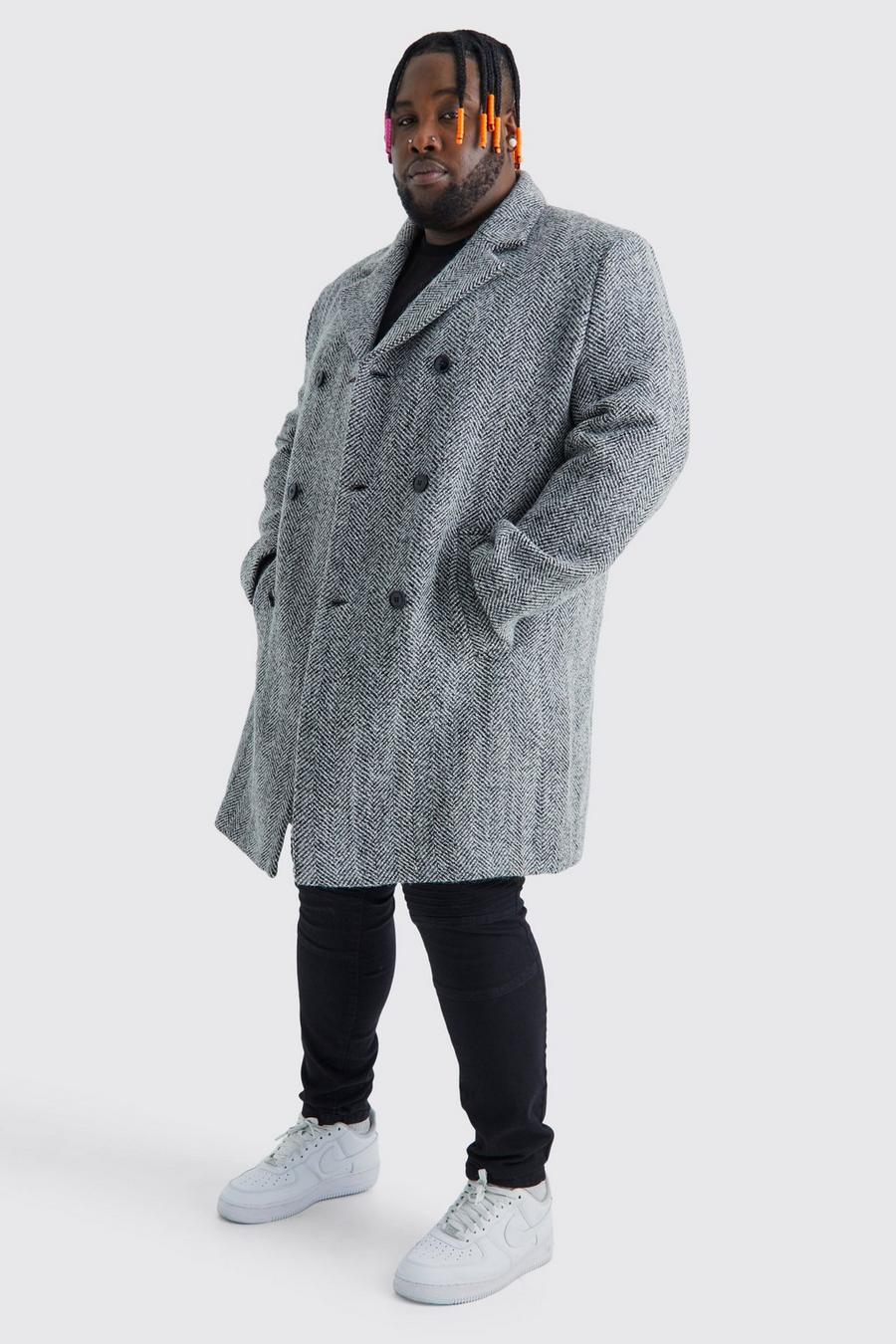 Men's Plus Size Wool Mix Herringbone Overcoat | boohoo