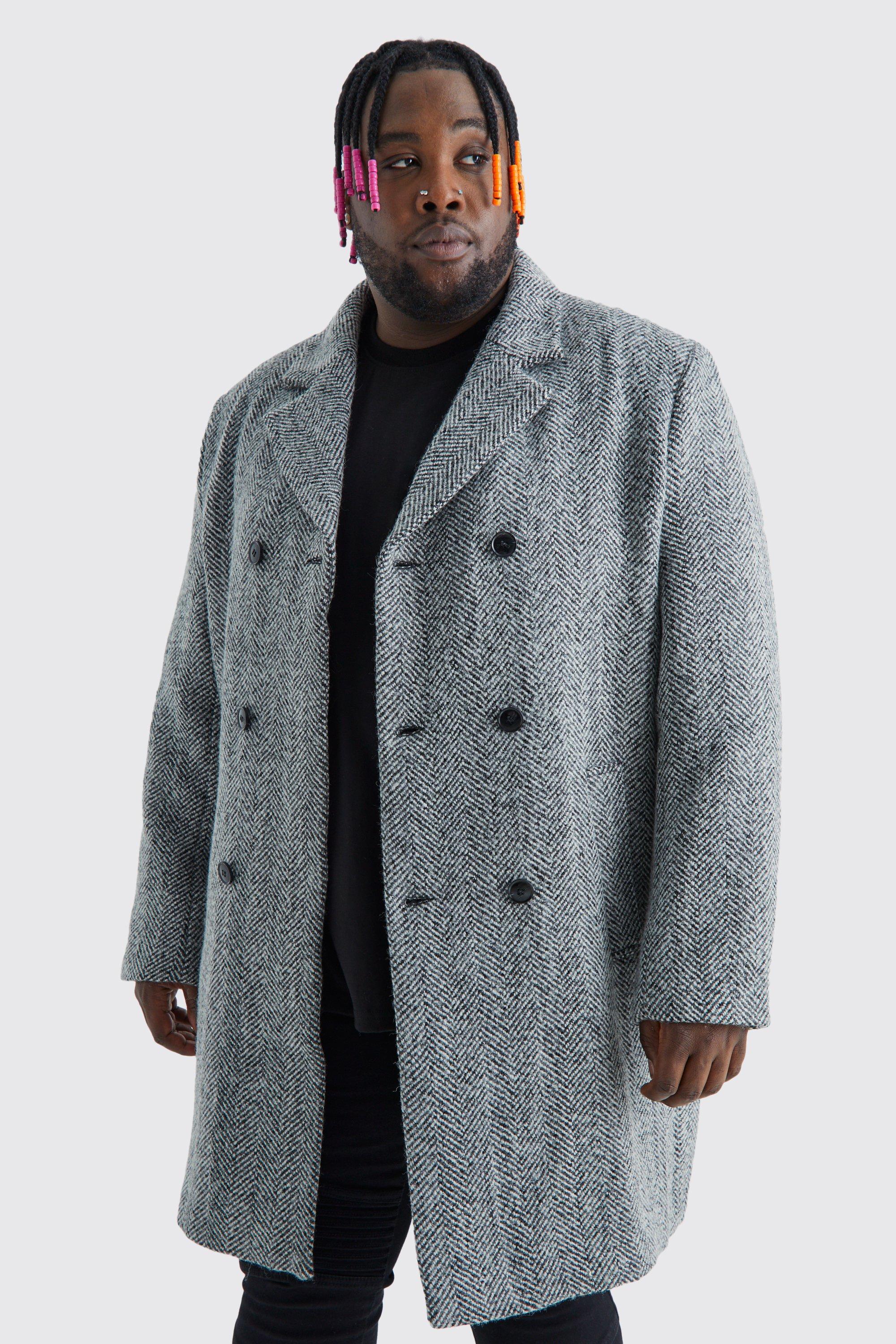 Men's Plus Size Wool Mix Herringbone Overcoat | boohoo