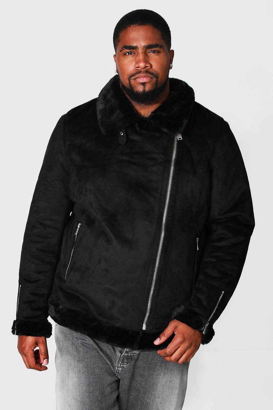 Plus Size giacca stile aviatore in camoscio sintetico con fodera in pelliccia sintetica, Nero image number 1