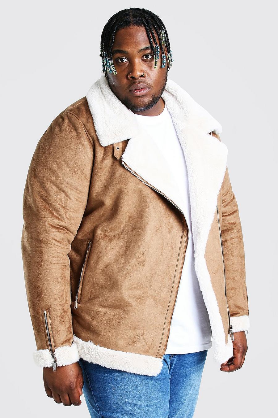Tan Plus Size Faux Fur Lined Suede Aviator Jacket image number 1