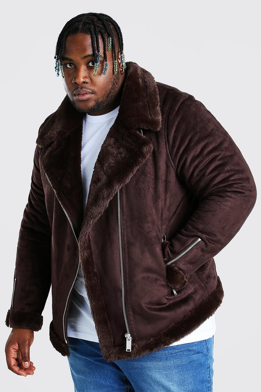 Plus Size giacca stile aviatore in camoscio sintetico con fodera in pelliccia sintetica, Cioccolato image number 1