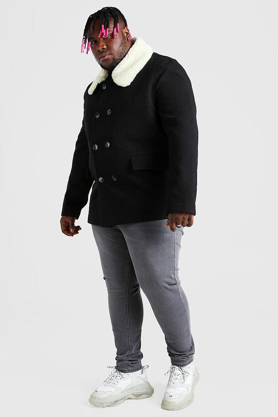 Black Plus Size Borg Collar Pea Coat image number 1