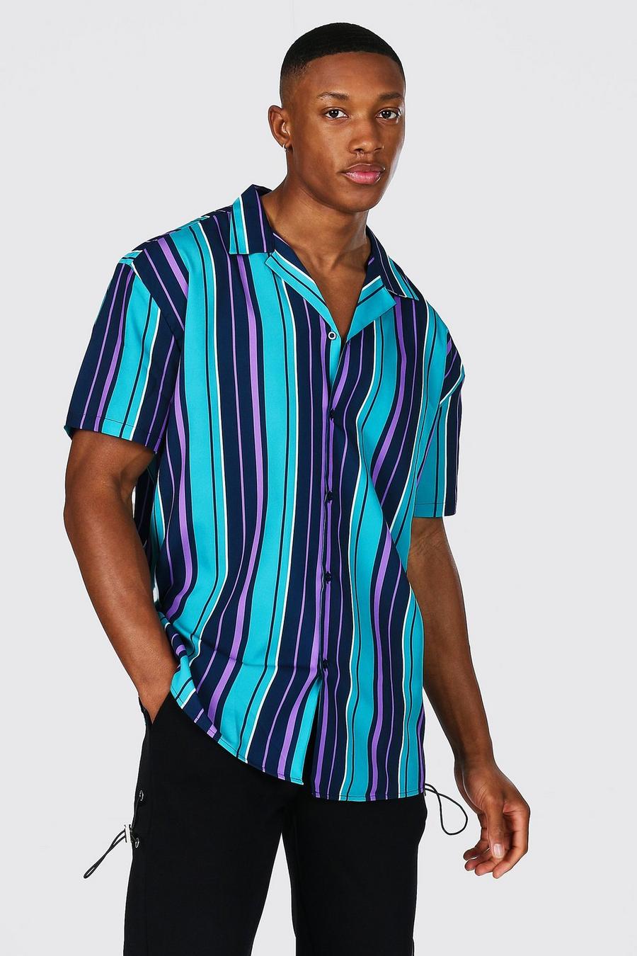 Teal Kortärmad randig oversize skjorta med bowlingkrage image number 1