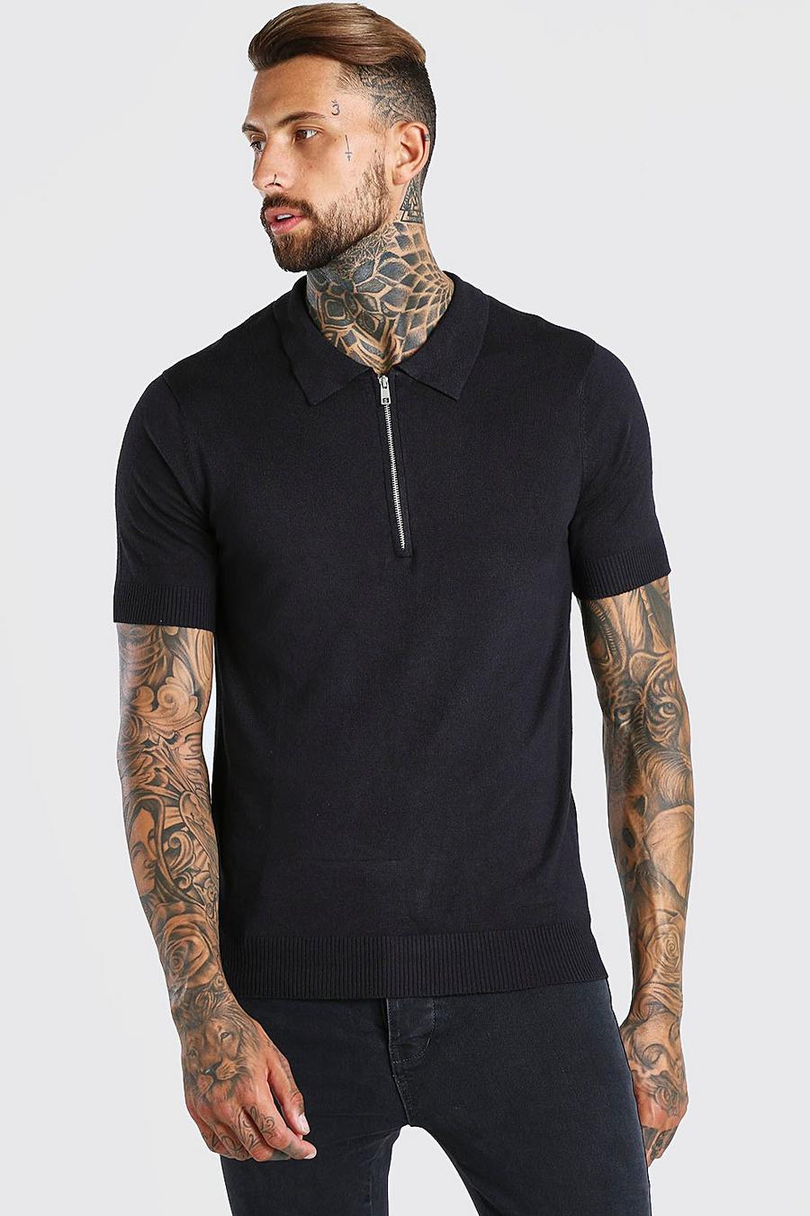 Black Short Sleeve Half Zip Knitted Polo Shirt image number 1