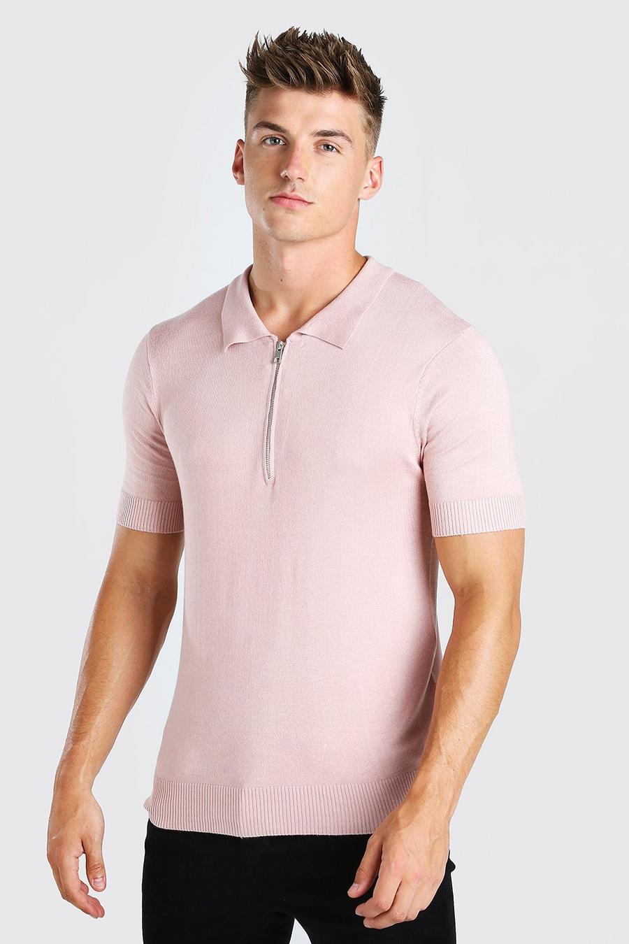 Pink Short Sleeve Half Zip Knitted Polo Shirt image number 1