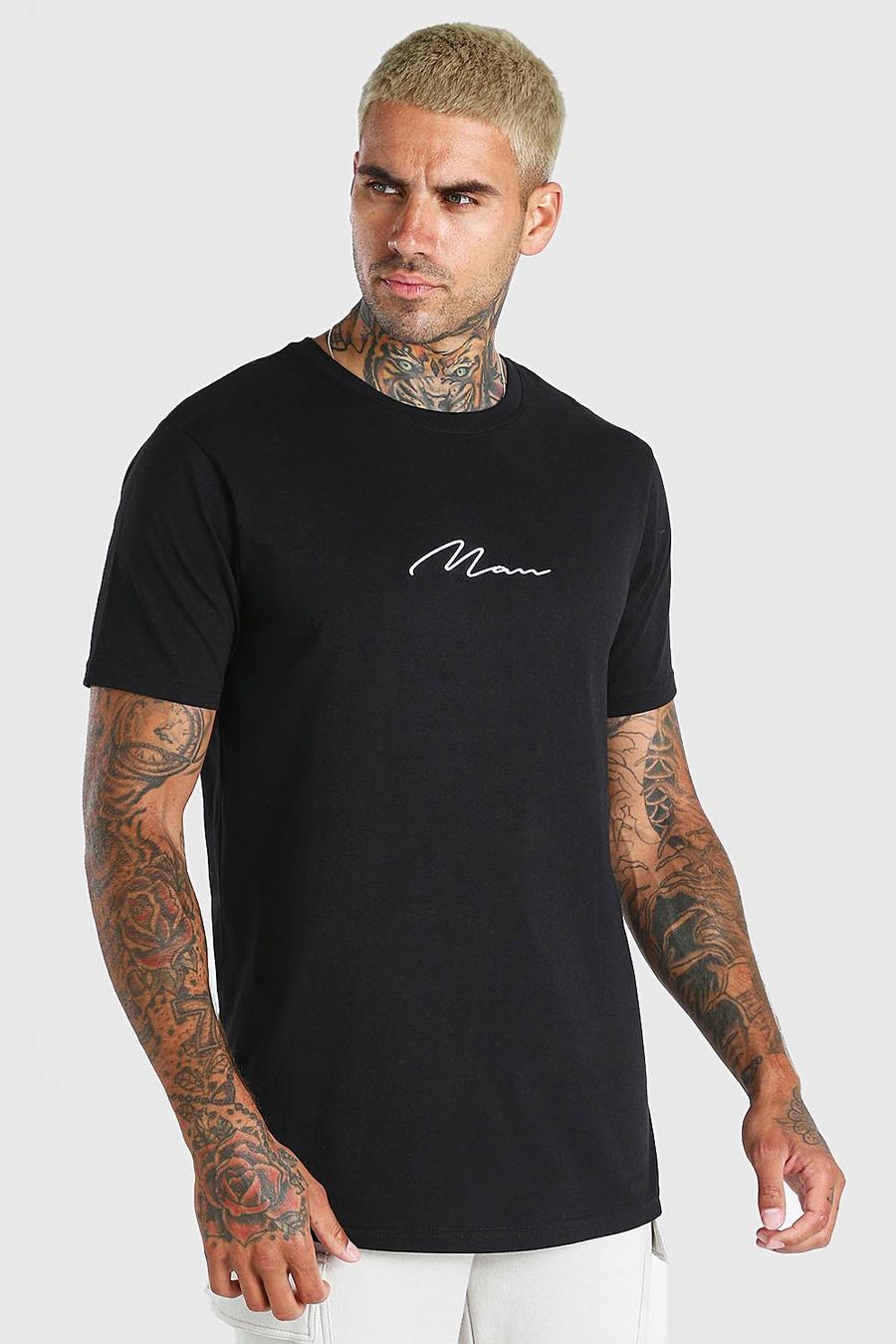 T-shirt lunga con firma MAN e orlo curvo, Nero image number 1