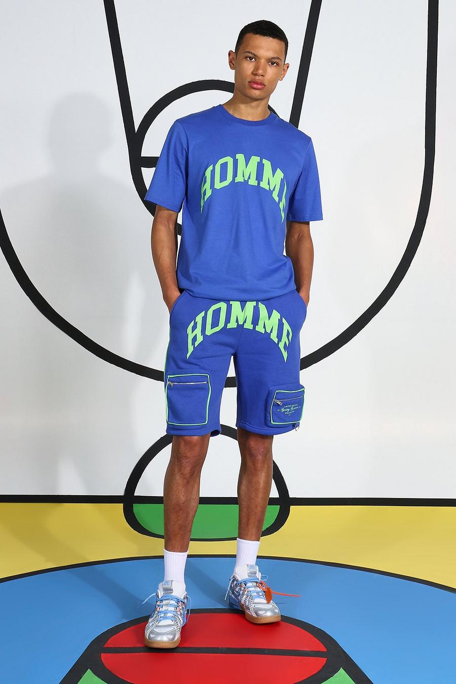 Tall Short-Trainingsanzug mit „Homme“-Print, Blau image number 1