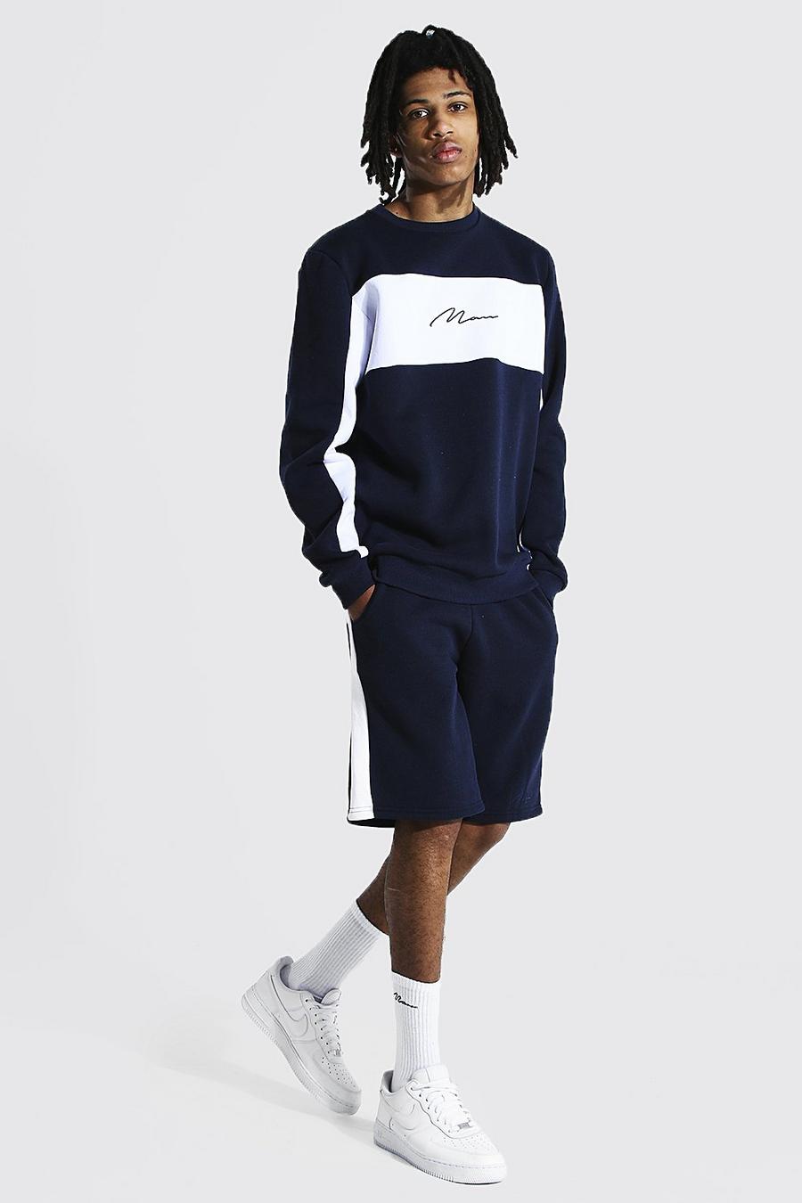 Navy Tall Man Colour Block Short Sweater Tracksuit image number 1