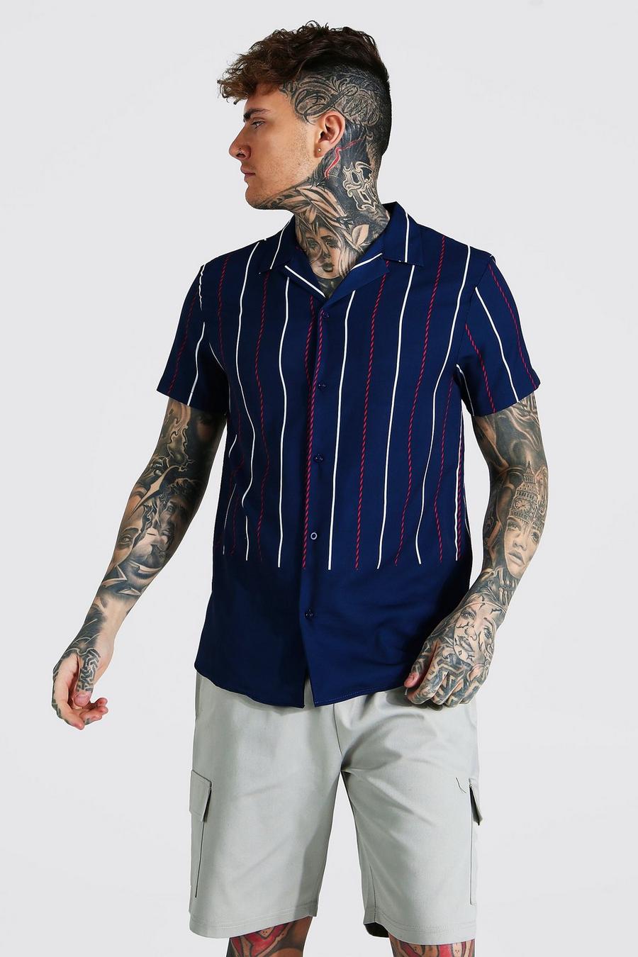 Navy Short Sleeve Revere Stripe Shirt image number 1