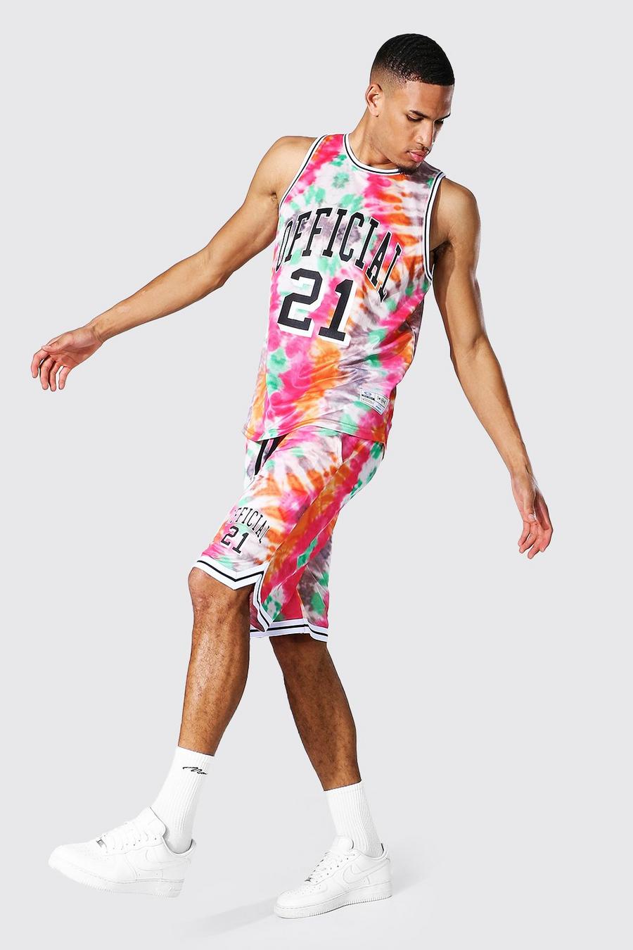 Tall Basketball-Shorts-Set mit Netzstoff und Batik–Muster, Rosa image number 1