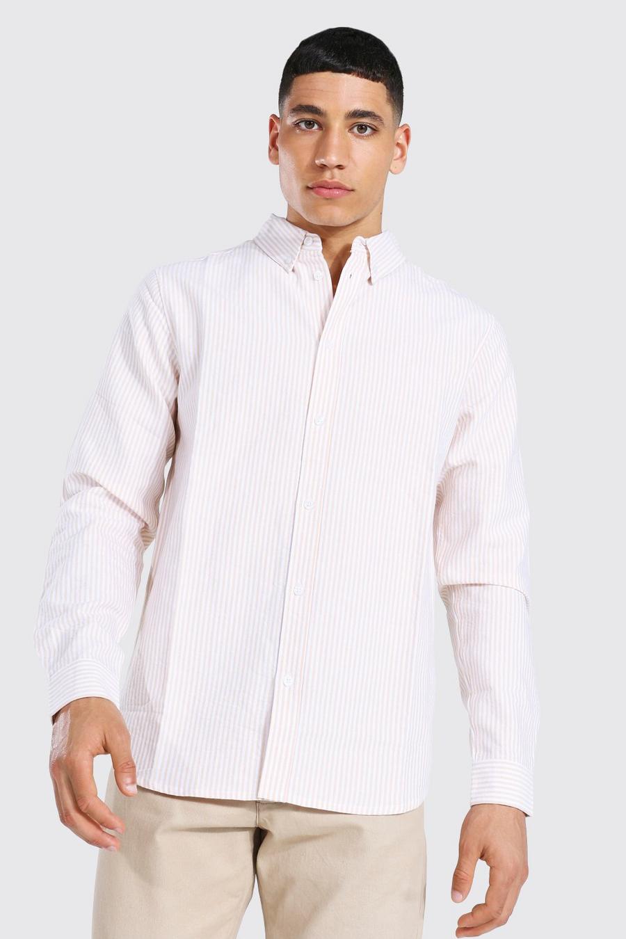 Tan Gestreepte Regular Fit Oxford Overhemd Met Lange Mouwen image number 1
