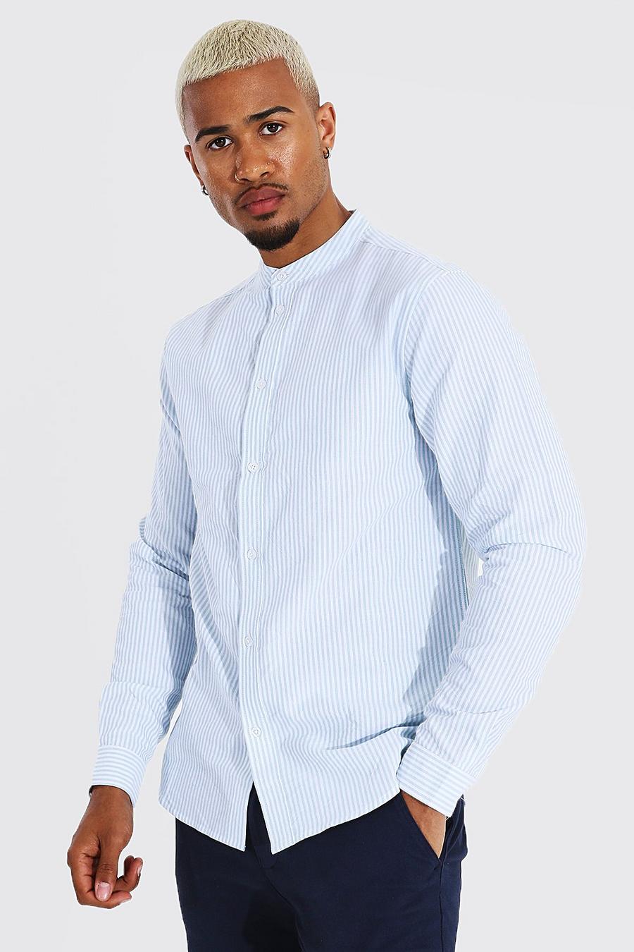 Camicia a righe Oxford con colletto a serafino e maniche lunghe, Azzurro image number 1