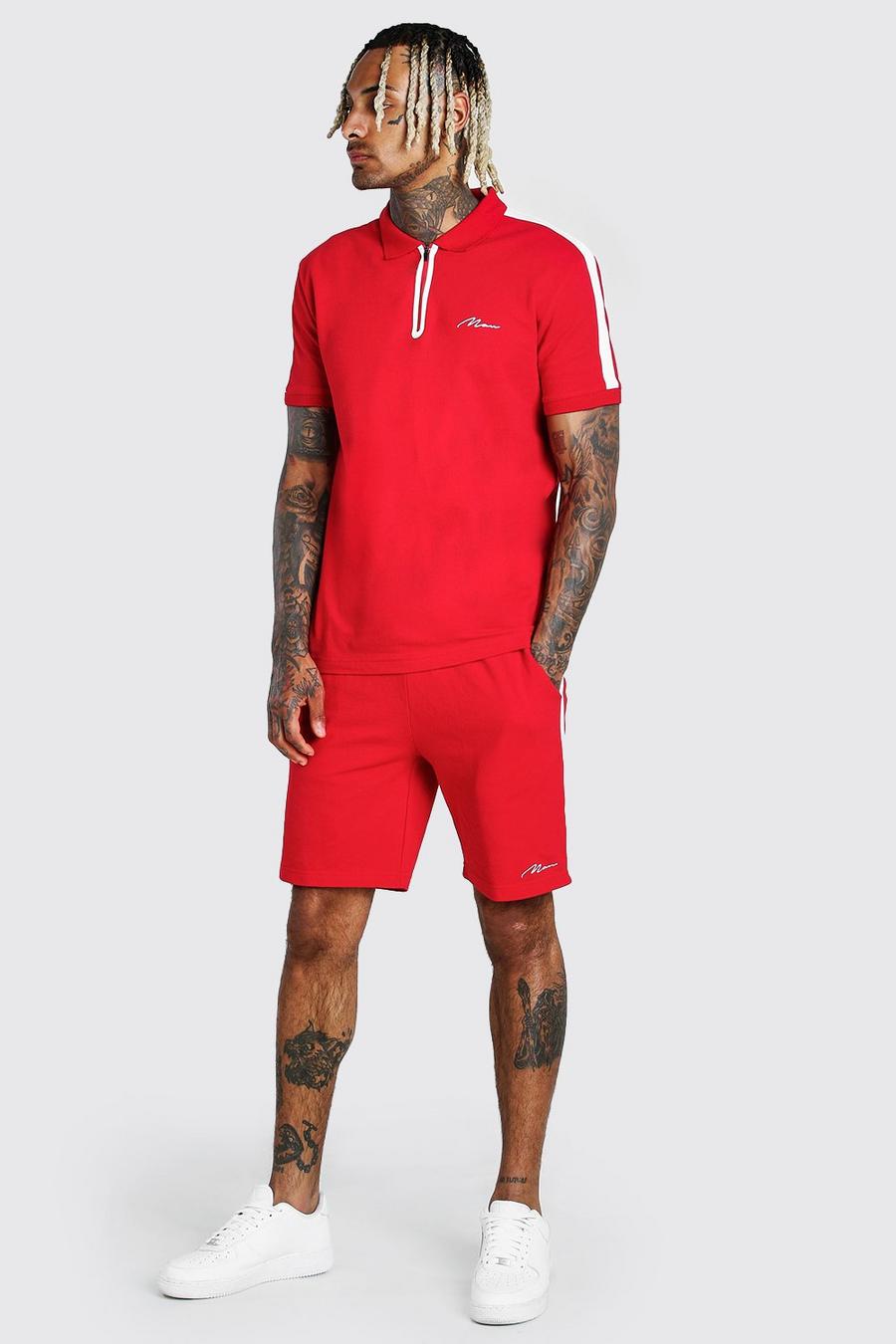 Red MAN Sports Zip Polo And Short Set With Tape image number 1