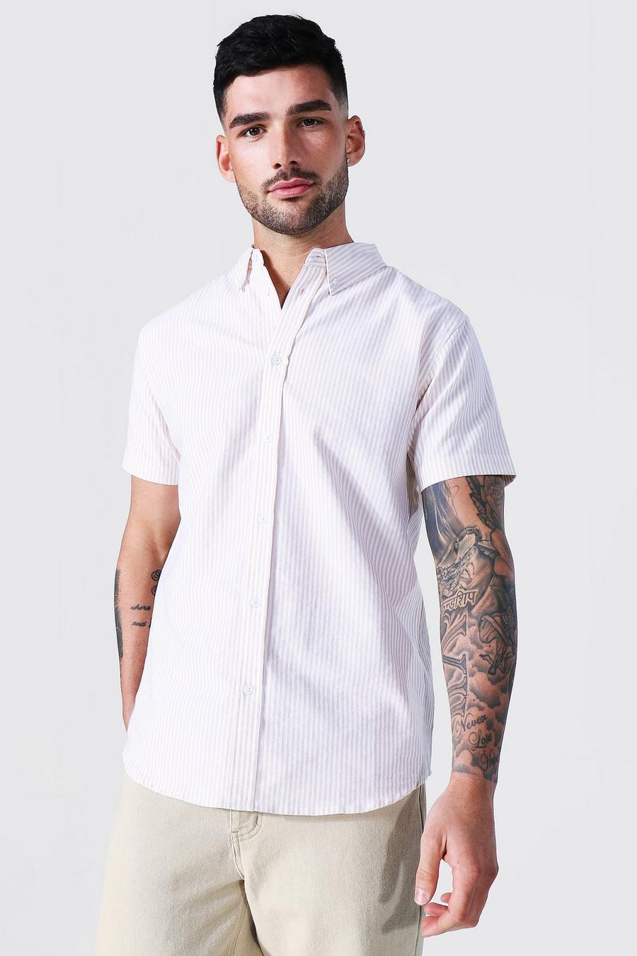 Tan Oxford Stripe Short Sleeve Shirt image number 1