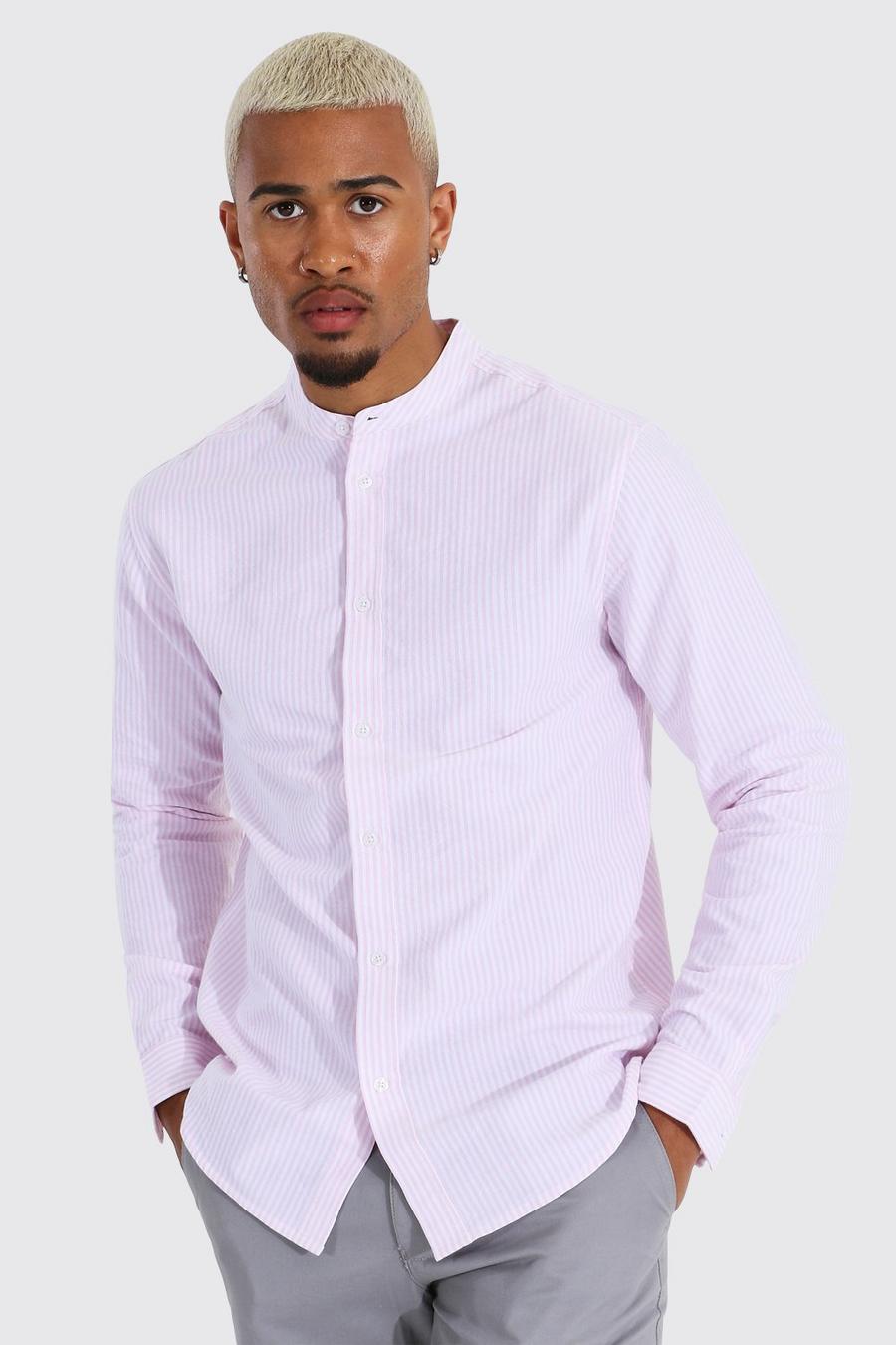 Pink Långärmad randig oxfordskjorta med farfarskrage image number 1