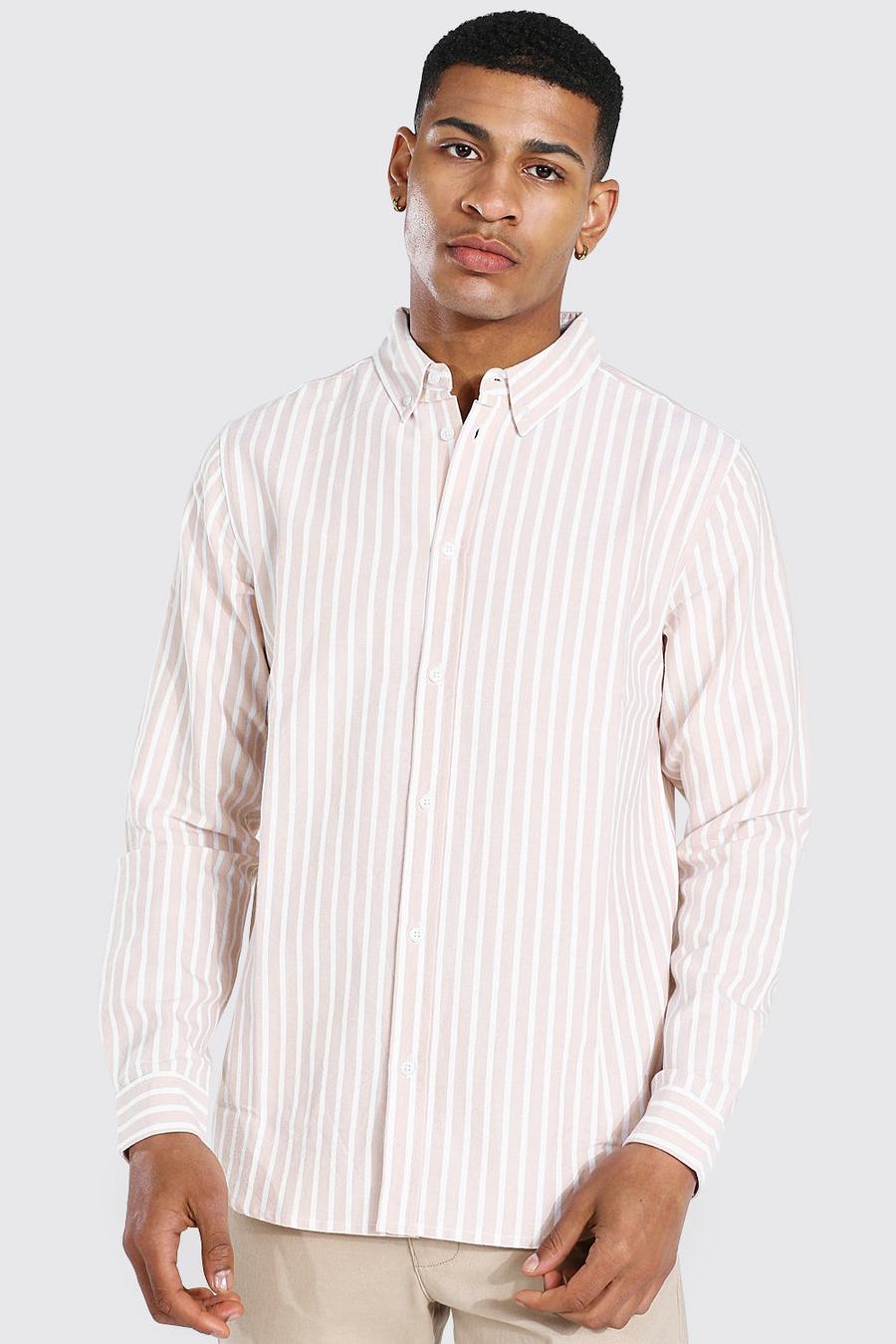 Camicia regular a righe Oxford con maniche lunghe, Marrone chiaro image number 1