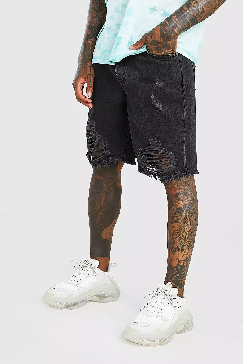 Black destroyed bermuda store shorts