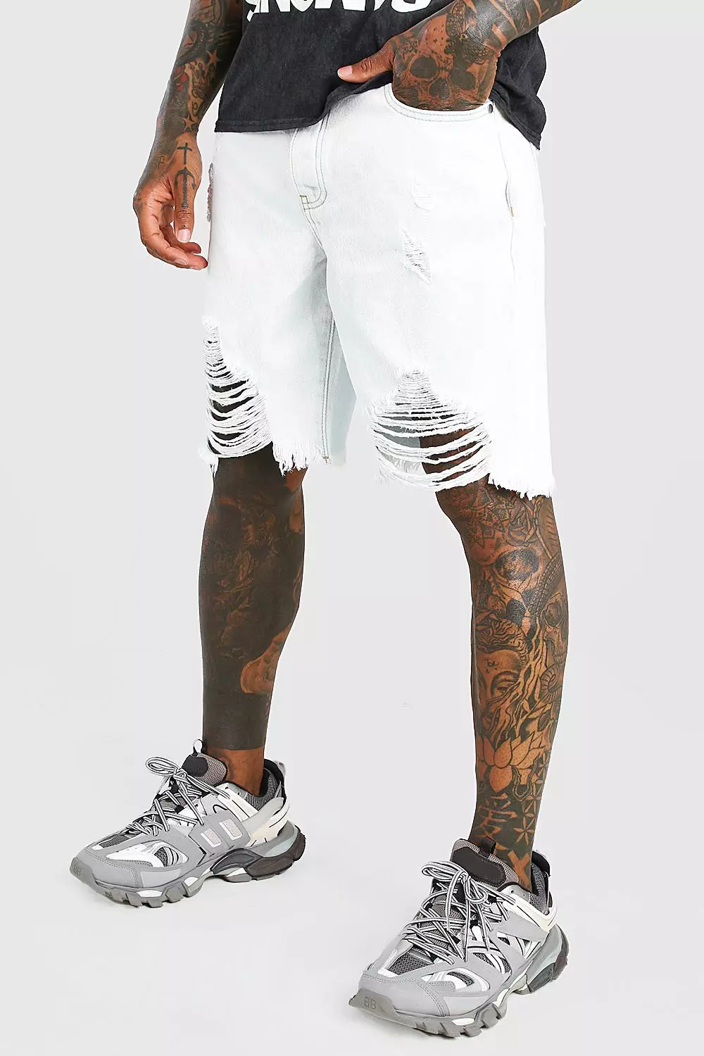 Mens white ripped denim on sale shorts