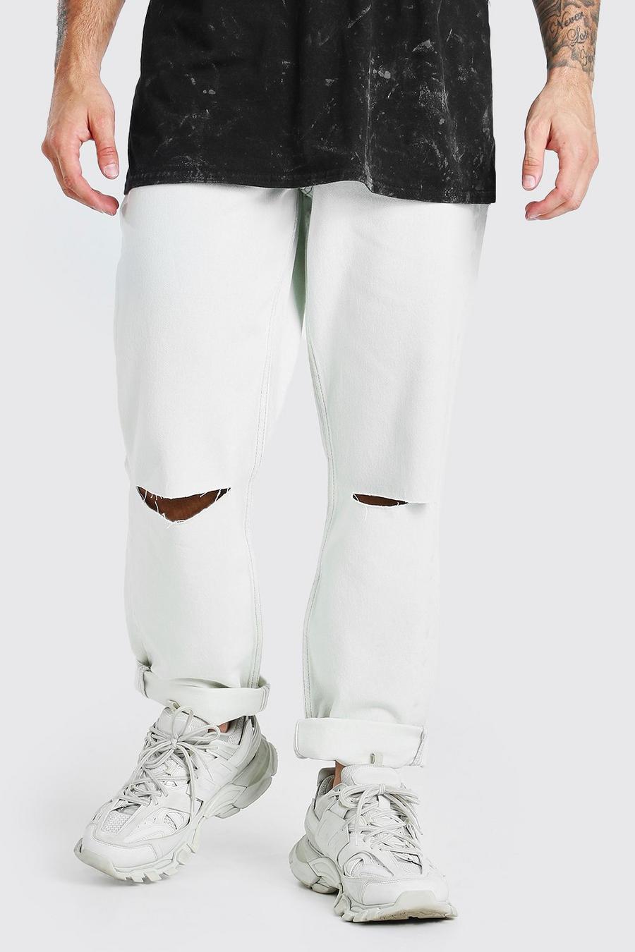 Ecru Jeans med slitna knän och ledig passform image number 1