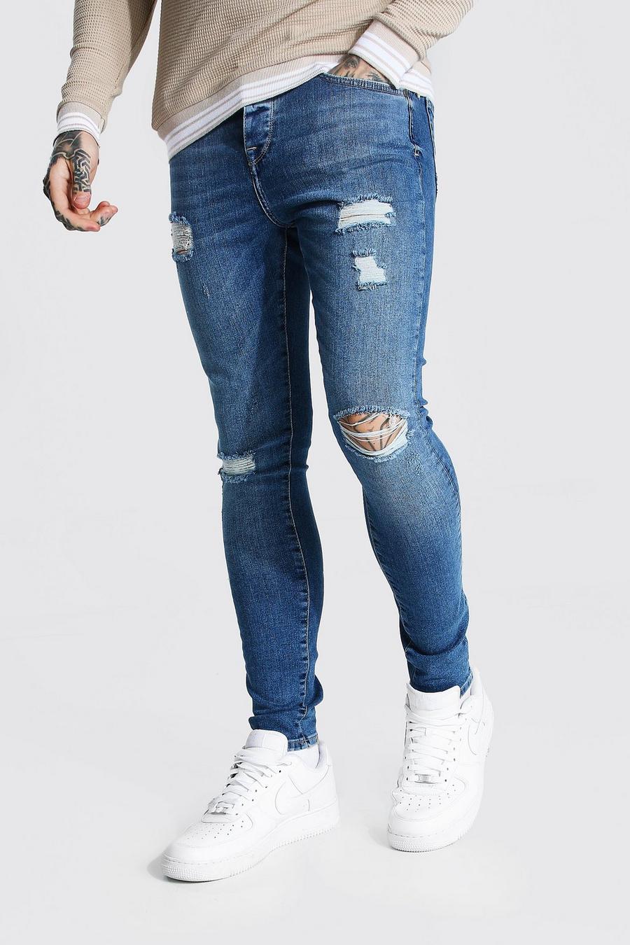 כחול בהיר מכנסי סופר סקיני ג'ינס עם מספר קרעים image number 1