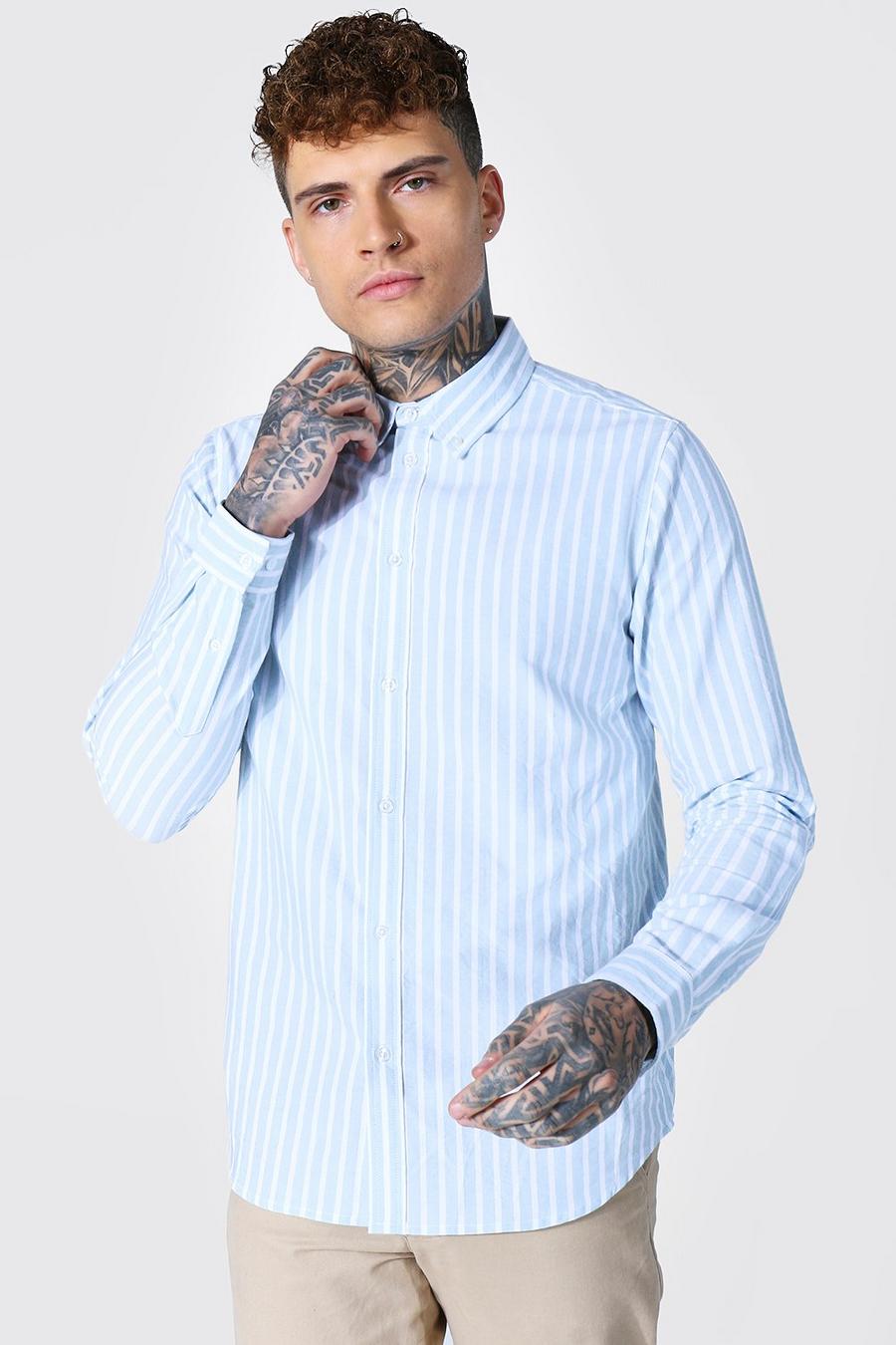 Camisa Oxford de manga larga de corte estándar a rayas, Azul image number 1