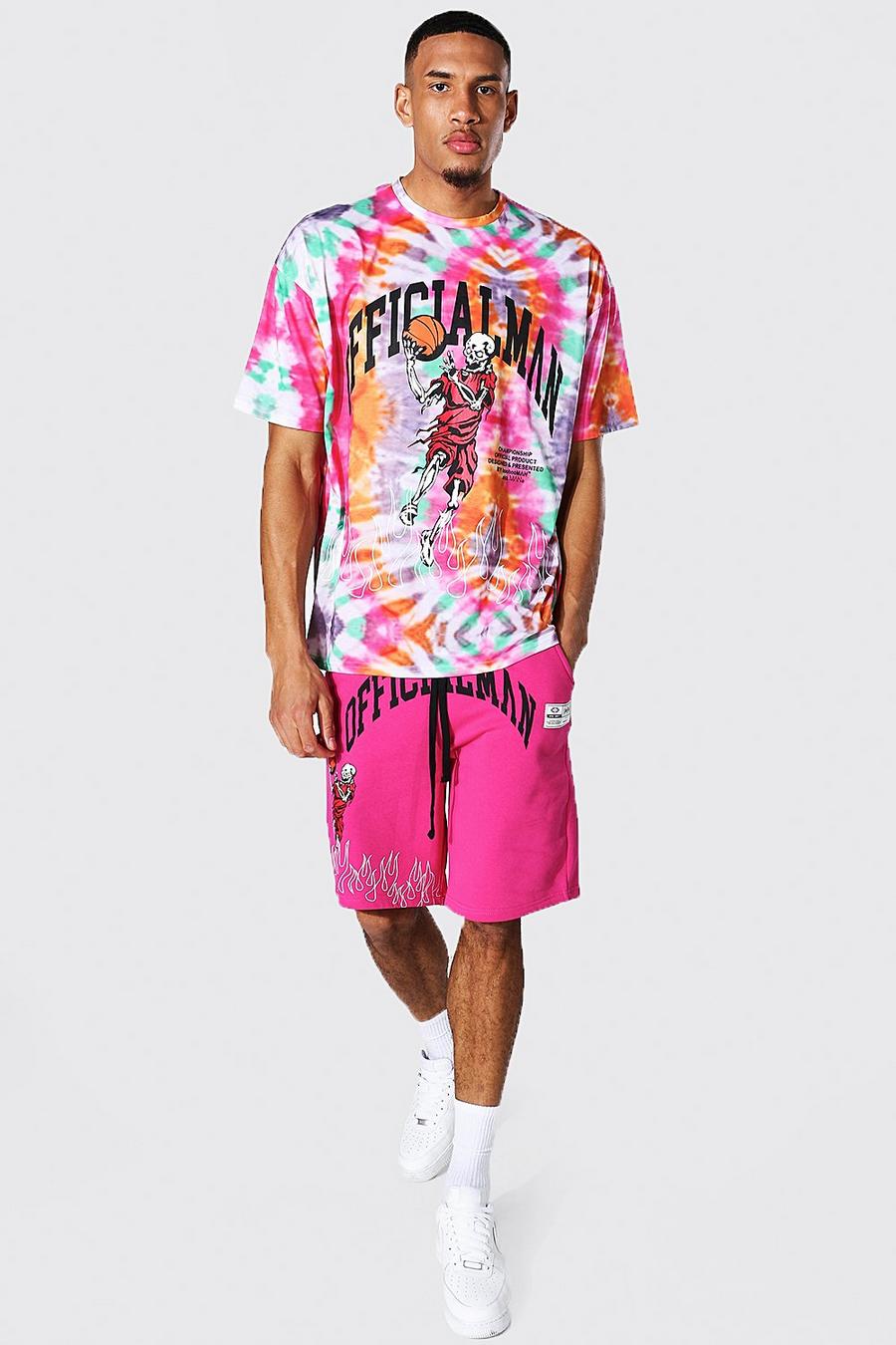 Pink Tall Oversized Tie Dye Man T-Shirt En Shorts Set image number 1