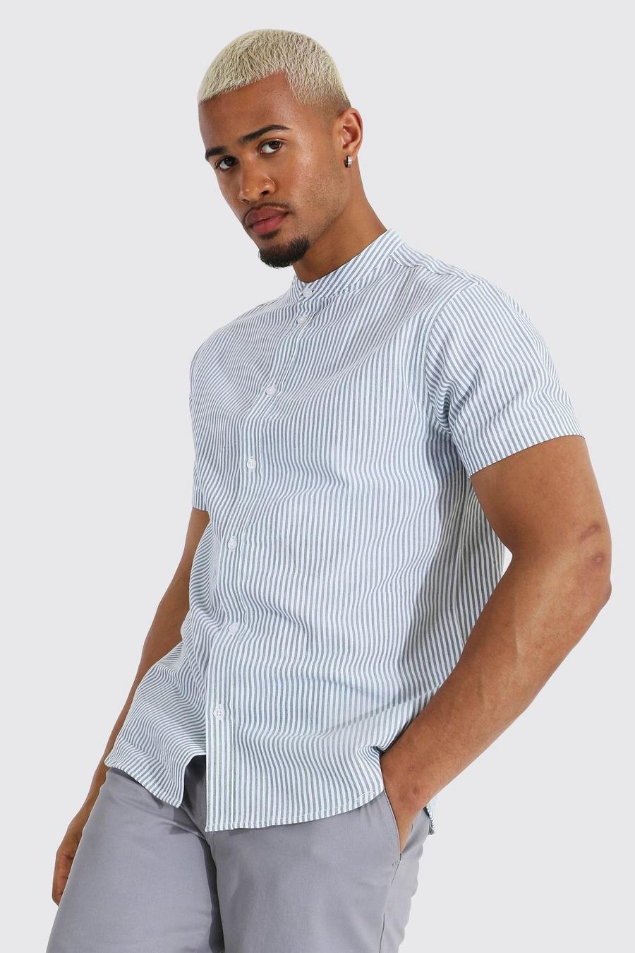 Khaki Oxford Stripe Grandad Collar Short Sleeve Shirt image number 1