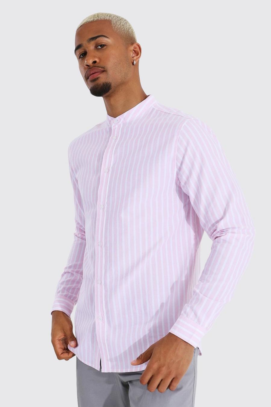 Pink Gestreept Regular Fit Oxford Overhemd Met Opa Kraag En Lange Mouwen image number 1