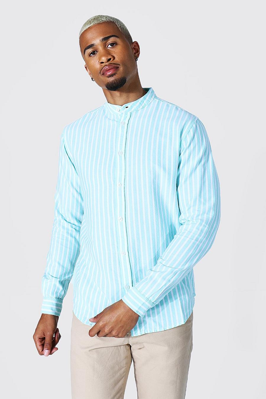 Mint Oxford Stripe Grandad Collar Long Sleeve Shirt image number 1