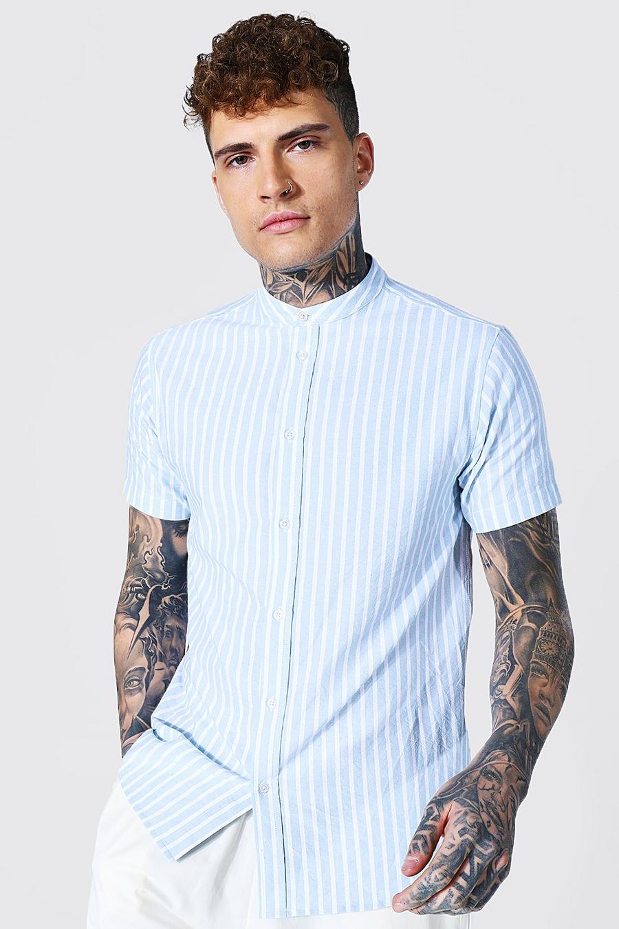 Blue Oxford Stripe Grandad Collar Short Sleeve Shirt image number 1
