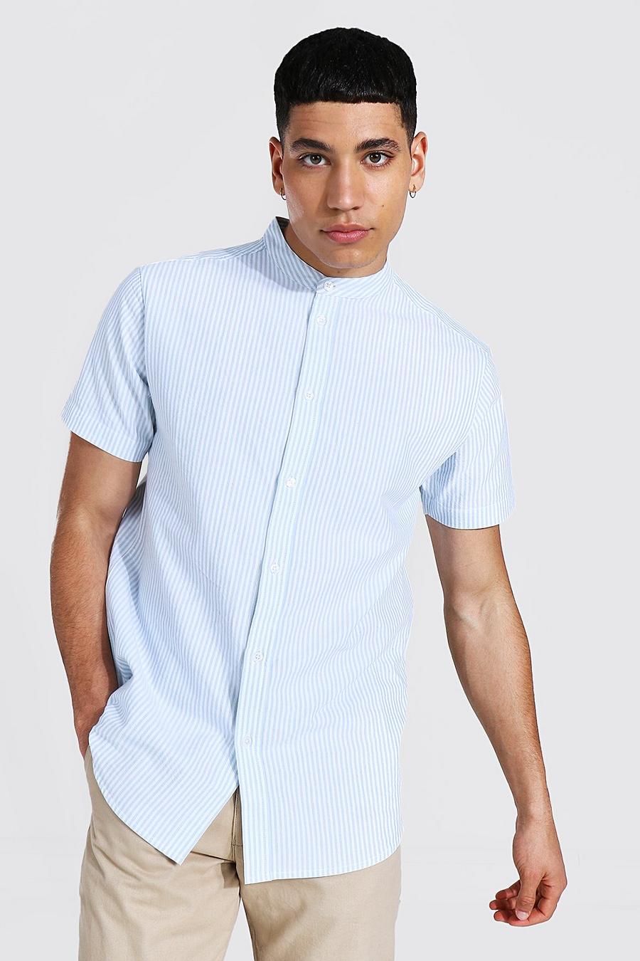 Blue Oxford Stripe Grandad Collar Short Sleeve Shirt image number 1