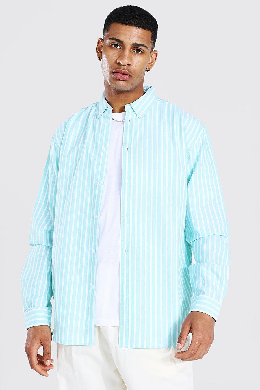 Mint Oxford Stripe Long Sleeve Oversized Shirt image number 1