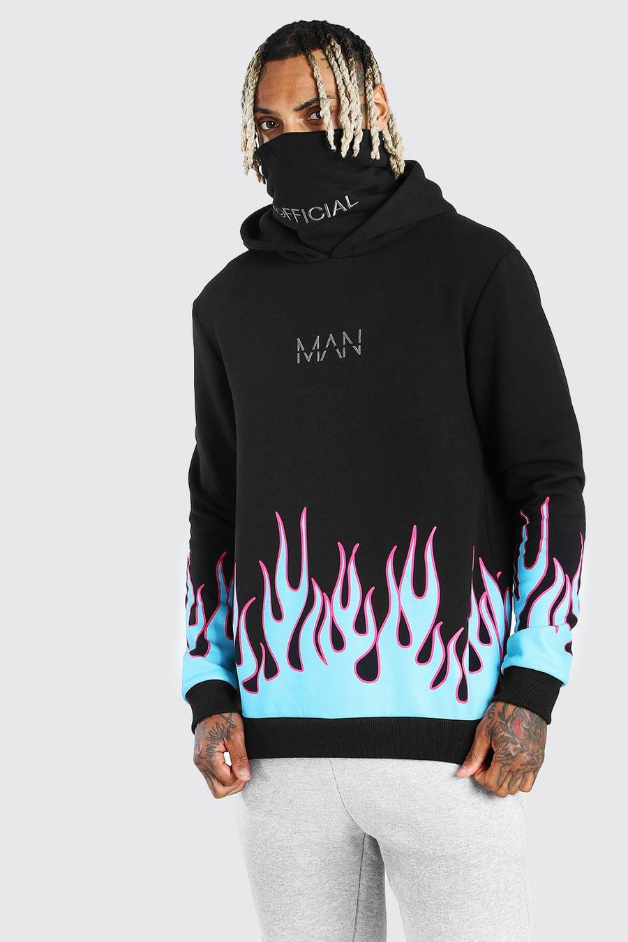 Sudadera con capucha y estampado de llamas MAN Official, Negro image number 1