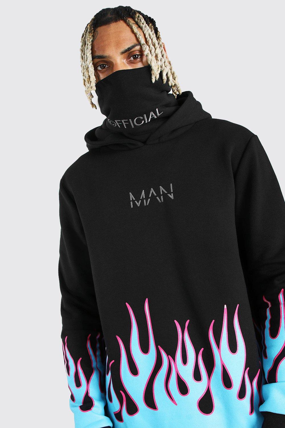 Sudadera con capucha estampado de llamas MAN Official | boohoo
