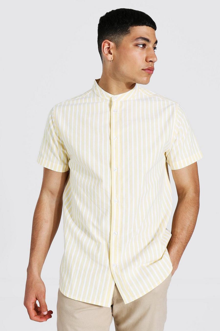 Yellow Oxford Stripe Grandad Collar Short Sleeve Shirt image number 1