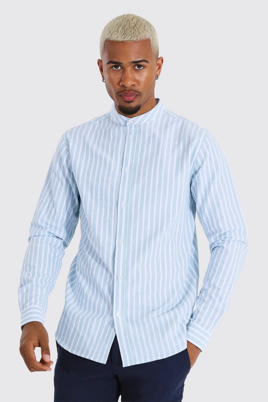 Blue Oxford Stripe Grandad Collar Long Sleeve Shirt image number 1