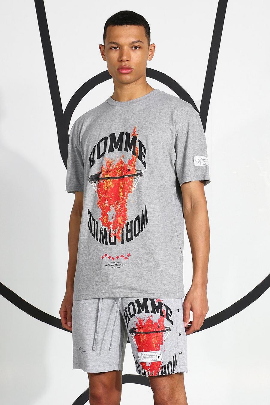 Tall T-Shirt mit Homme-Motiv und Flammen-Print , Grau meliert image number 1