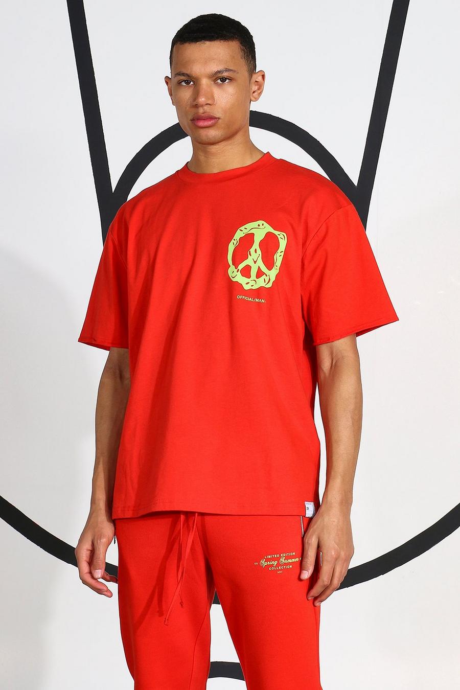 Red Tall Neon Peace Teken T-Shirt image number 1