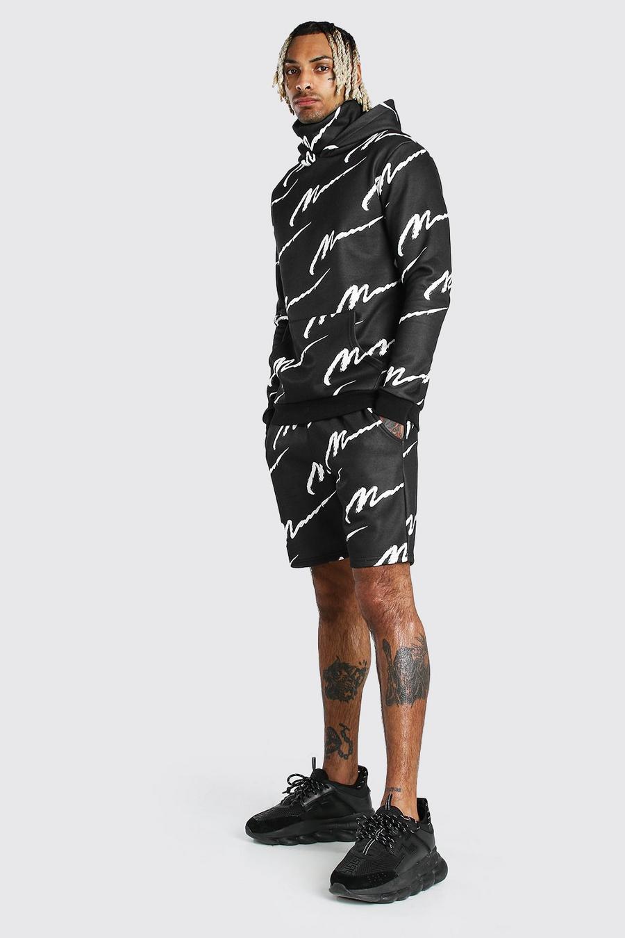Short-Trainingsanzug mit Loop-Schal und durchgehendem MAN-Print, Schwarz image number 1