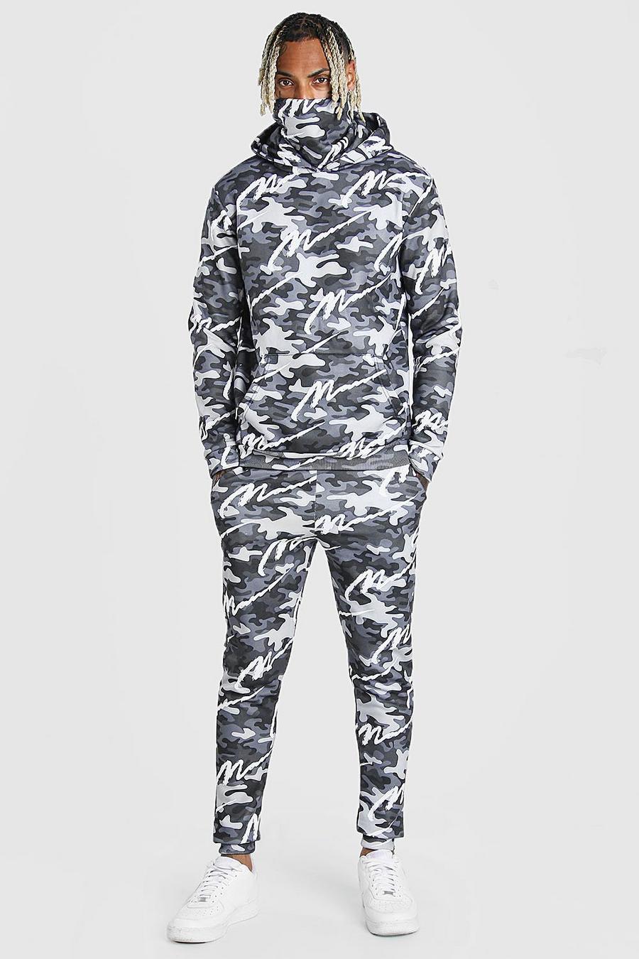 Dark grey All Over MAN Camo Snood Tracksuit image number 1