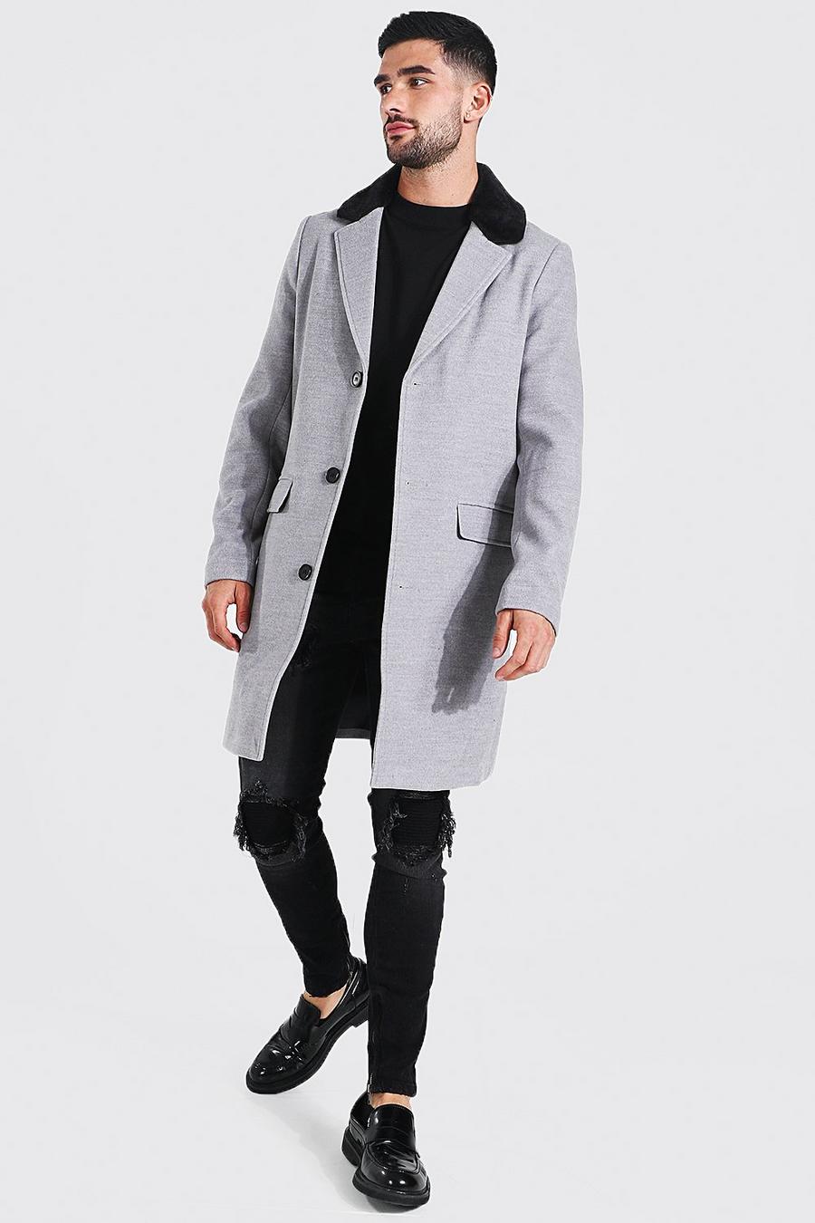 Eleganter, einreihiger Mantel mit Kunstfellkragen, Grau image number 1